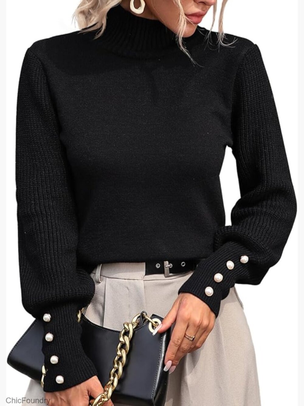 Mock Turtleneck Pullover Sweater Lantern Sleeve Knitted Top Loose Fit